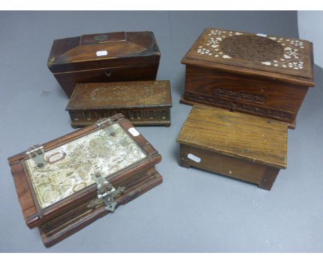 A mahogany tea caddy, along with four other boxes 