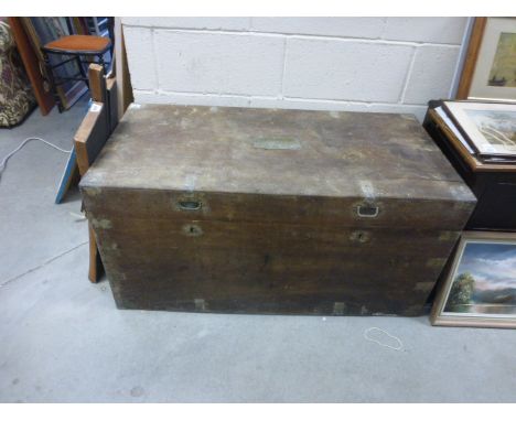 Large Late 19th / Early 20th century Metal Bound Teak Travelling Trunk 