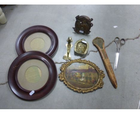 Mixed Lot comprising Horse Head Door Knocker, Tally Ho Metal Item, Cased Tailor's Scissors, Frames, etc