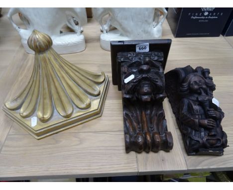 Heavily Carved Oak Wall Bracket together Oak Carving Effect plus a Gilt Effect Wall Bracket