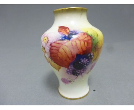 A small Royal Worcester porcelain vase; in the Autumn berry pattern; signed and painted by M. Miller; bearing black painted m