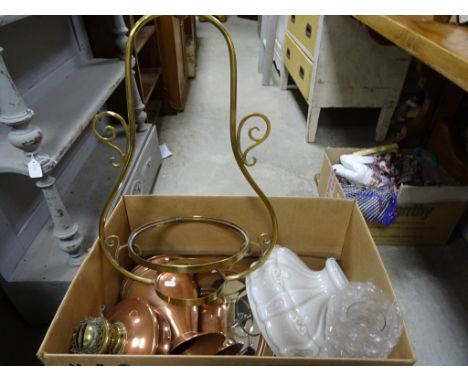 A brass hanging light with milk glass shade, along with copper jugs etc 