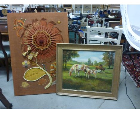 An oil on canvas of of horse grazing in a field along with a tapestry 