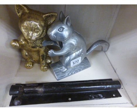 Novelty squirrel nut cracker and heavy brass cat door knocker