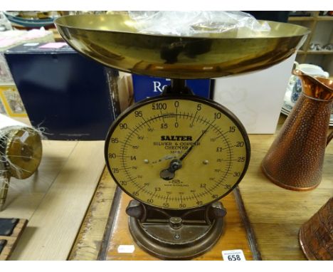 Salter Silver & Copper Checker no.53 Scales together with Five Brass Cash Weights