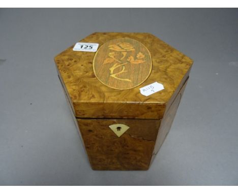 Burr Walnut &amp; Oak Hexagonal Tea Caddy with Oval Rose Panels