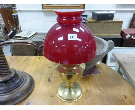 Brass Oil Lamp with Red Glass Shade
