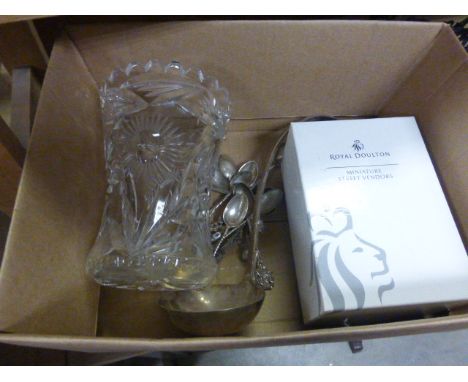 Boxed Royal Doulton Orange Lady, Cut Glass Vase, Silver Plate Ladle, Five Silver Teaspoons and Six other Teaspoons