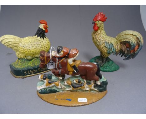 Three Cast Iron Doorstops - Cockerel, Light Sussex Hen and Huntsman with Hounds