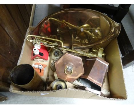 Pair of Copper Hexagonal Boxes with Lids, Elkington Silver Plated Tray designed by Eric Clements plus Various Brass Ware, Scr