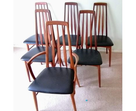 A set of six (5+1) Danish EVA teak dining chairs with railed backs by Koefoeds Hornslet, each 96 cm H with black vinyl seats 