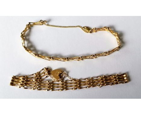 A 9ct yellow gold gate-link bracelet with lock, hallmarked, 10.76g and a fancy link bracelet, stamped 14k, 6.14g (2)