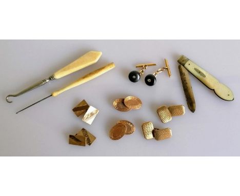 Three pairs of gold cuff links, hallmarked, 16.43g; a pair of diamond-set Bakelite and gold cuff links, unmarked, 5.47g; a MO
