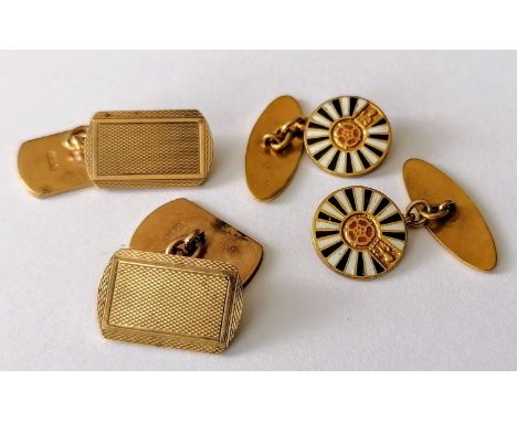 Two pairs of Art Deco 9ct yellow gold cuff links, one with enamel decoration by H W Miller Ltd., the other engine turned by C