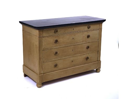 A 19TH CENTURY AND LATER PAINTED FRENCH COMMODEWith ebonised top over four drawer base, 129cm wide; 91cm highCondition report