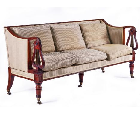 MORGAN AND SANDERS; A REGENCY MAHOGANY CAMPAIGN SOFA, CIRCA 1810With brass inlaid lyre arm terminals and turned supports, 198