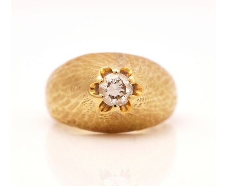 A 14CT GOLD AND DIAMOND SINGLE STONE RINGIn a domed bombe design, having a textured finish, claw set with a circular cut diam