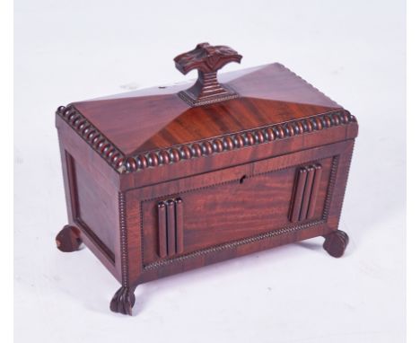 A RECENCY MAHOGANY SARCOPHAGUS SHAPED TEA CADDYWith twin lidded interior, 37cm wide; 32cm high