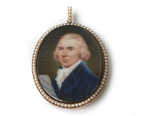 A PORTRAIT MINIATURE OF A GENTLEMANBy Henry Bone, R.A. (British, 1755-1834)Wearing a blue coat, white waistcoat, chemise, sto