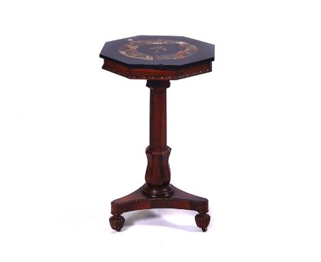 A WILLIAM IV OCCASIONAL TABLE WITH SPECIMEN MARBLE OCTAGONAL TOPOn a rosewood triform base, 43cm wide; 73cm highCondition rep