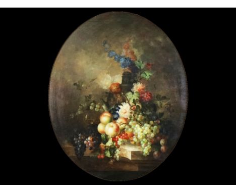 MANNER OF DAVID DE NOTERStill life with flowers, fruit, an urn and glass on a ledgeoil on boardoval, 73.5 x 60.5cm