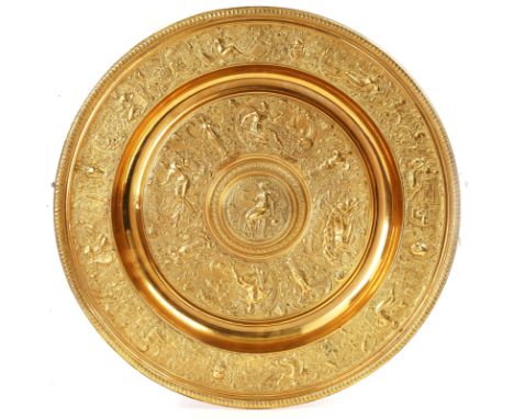 A GILT-METAL COPY OF THE 'TEMPERANTIA' BASIN AND A FORMERLY GILT PLATED 17TH CENTURY STYLE CASKETEarly 20th CenturyThe basin,