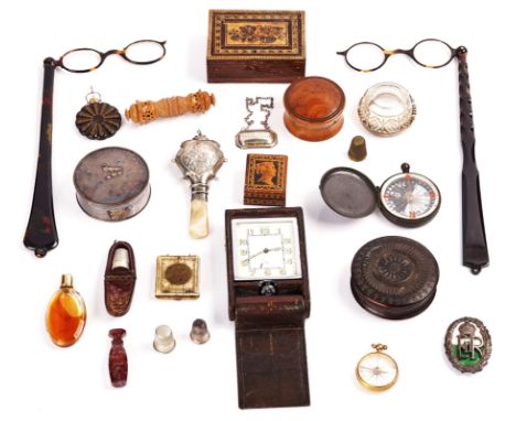 A JAEGER LE-COULTRE 8-DAY TRAVEL CLOCK, TWO PAIRS OF TORTOISESHELL FOLDING SPECTACLES AND OTHER ITEMS (23)Including; two Tunb