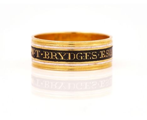 A GEORGE III GOLD, BLACK AND WHITE ENAMELLED MOURNING BANDDetailed F.W.T.BRYDGES.ESQ;OB;30.NOV.1793.AE.43, London 1793, ring 
