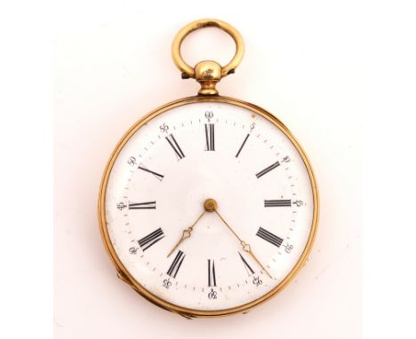 A GOLD CASED, KEY WIND, OPENFACED FOB WATCHWith an unsigned gilt cylinder movement, gilt base metal inner case, the enamelled