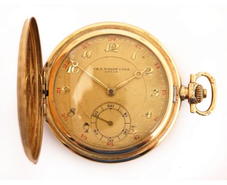 A TISSOT GOLD CASED, KEYLESS WIND, HUNTING CASED DRESS WATCHThe jewelled lever movement detailed Tissot Locle, base metal inn