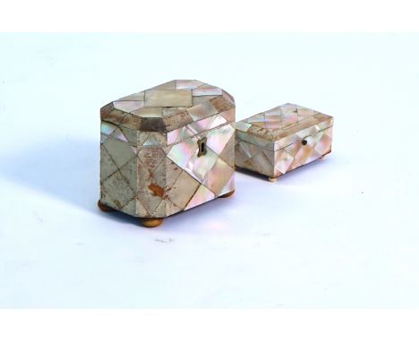 AN EARLY 19TH CENTURY MOTHER-OF-PEARL VENEERED RECTANGULAR TEA CADDY A.F.13cm wide; 9cm high together with a similar smaller 