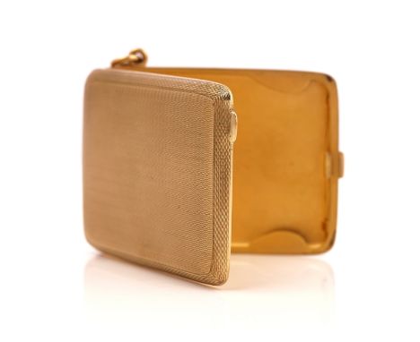 A 9CT GOLD RECTANGULAR BOOK MATCHES CASEThe exterior with engine turned decoration, fitted with a suspension loop, Birmingham