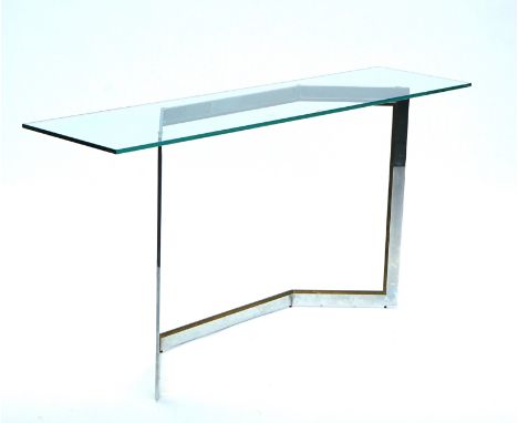 IN THE MANNER OF MERROW ASSOCIATES; A 20TH CENTURY CONSOLE TABLEWith glass top on a polished steel base, 149cm wide; 74cm hig