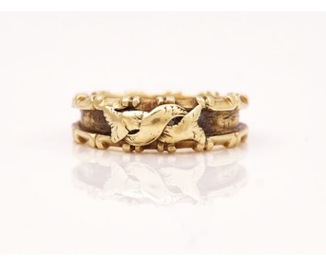 A VICTORIAN GOLD MOURNING RINGThe hairwork to the band lacking, engraved within the band 'E.S.R', ring size K, weight 2.8 gms