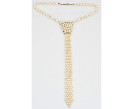 A CULTURED PEARL NECKLACEIn a tie style design, threaded with cultured pearls, on a boltring clasp, detailed 375
