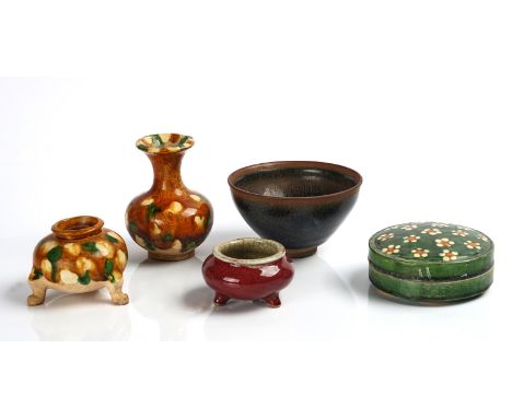 A GROUP OF CHINESE TANG STYLE `SANCAI' GLAZED POTTERYModernComprising; a small tripod jar, 6.5cm high; a circular box and cov