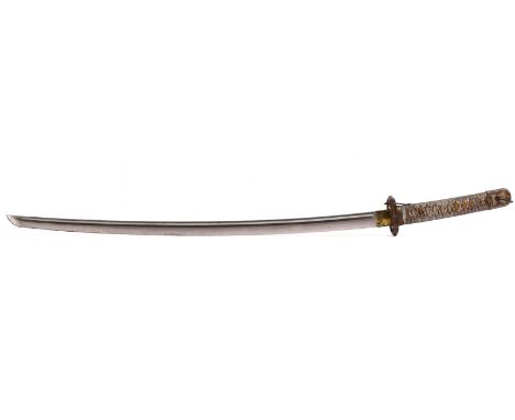 A JAPANESE WORLD WAR TWO NCO'S TYPE 95 SHIN GUNTO SWORD AND SCABBARDCirca 1935The cast metal painted hilt imitating ray skin 