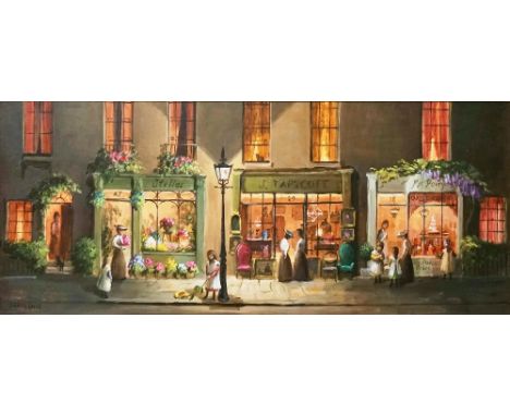 DEBORAH JONES (BRITISH, 1921-2012)Stella’s Floristsigned 'Deborah Jones (lower left)oil on board29 x 74.5cmARRProvenanceFores
