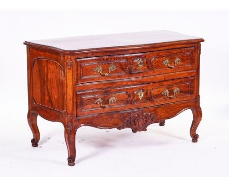 AN 18TH CENTURY FRENCH WALNUT SERPENTINE COMMODEWith two long drawers on scroll supports, 135cm wide; 86cm highCondition repo
