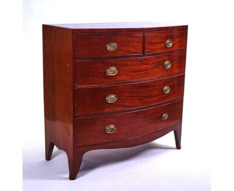 A REGENCY MAHOGANY BOWFRONT CHESTWith two short over three drawers, 105cm wide; 105cm highCondition report:&nbsp;Third drawer
