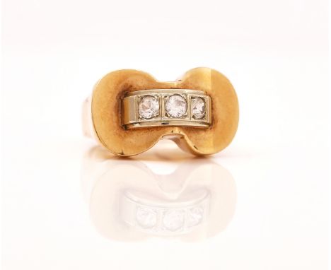 A FRENCH GOLD AND COLOURLESS GEM SET COCKTAIL RINGMounted with a row of three circular cut colourless gems in a curved design