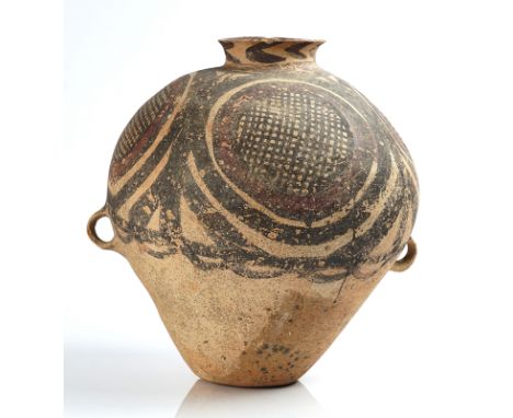 A LARGE CHINESE PAINTED POTTERY JARProbably Neolithic period, Majiayao Culture Set with two small loop handles, painted in bl