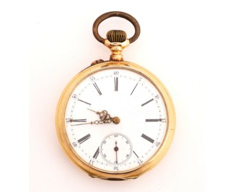 A GOLD CASED, KEYLESS WIND, OPENFACED GENTLEMAN'S POCKET WATCHWith an unsigned gilt jewelled lever movement, the inner and ou