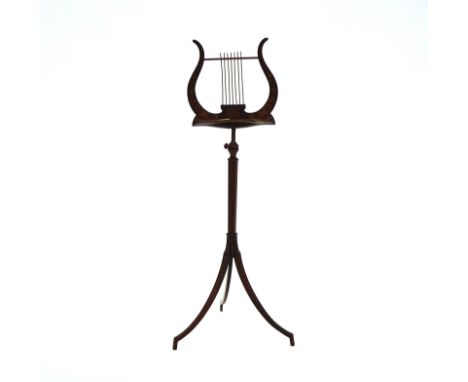A 19TH CENTURY MARQUETRY INLAID MAHOGANY LYRE SHAPE MUSIC STANDOn tripod base, 36cm wide
