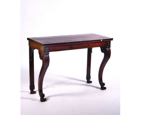 A REGENCY MAHOGANY CONSOLE TABLEWith frieze drawer on scroll supports and paw feet, 122cm wide 86cm highCondition report:&nbs