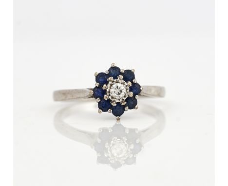 AN 18CT WHITE GOLD, SAPPHIRE AND DIAMOND CLUSTER RINGMounted with the circular cut diamond at the centre, in a surround of ei