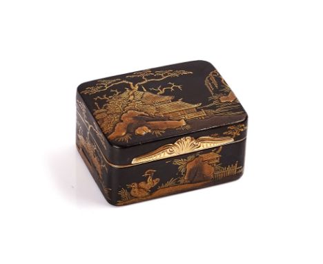 A JAPANESE GILT-METAL MOUNTED LACQUER SNUFF BOXEarly 20th CenturyThe cover and sides decorated in gilt with pagodas, trees an