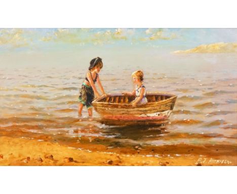 PAUL ATTFIELD (BRITISH, B. 1950)Two girls playing in the seasigned 'P J ATTFIELD' (lower right) and bears Forest Gallery Fine