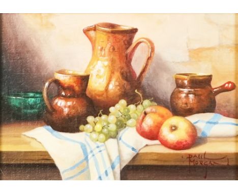 PAUL MORGAN (BRITISH, B. 1940)Still life of apples and grapessigned 'Paul Morgan' (lower right) and bears Forest Gallery Fine