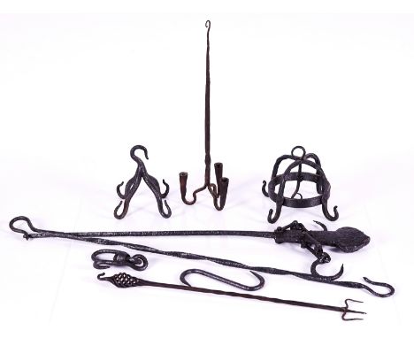 A GROUP OF VARIOUS METAL HANGING HOOKS AND POKERS  (7)18th Century and LaterComprising; two steel meat hangers, a wrought iro